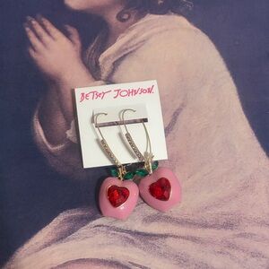 Betsey Johnson Pink Cherry Heart Earrings with Red Gemstones and Green Leaves